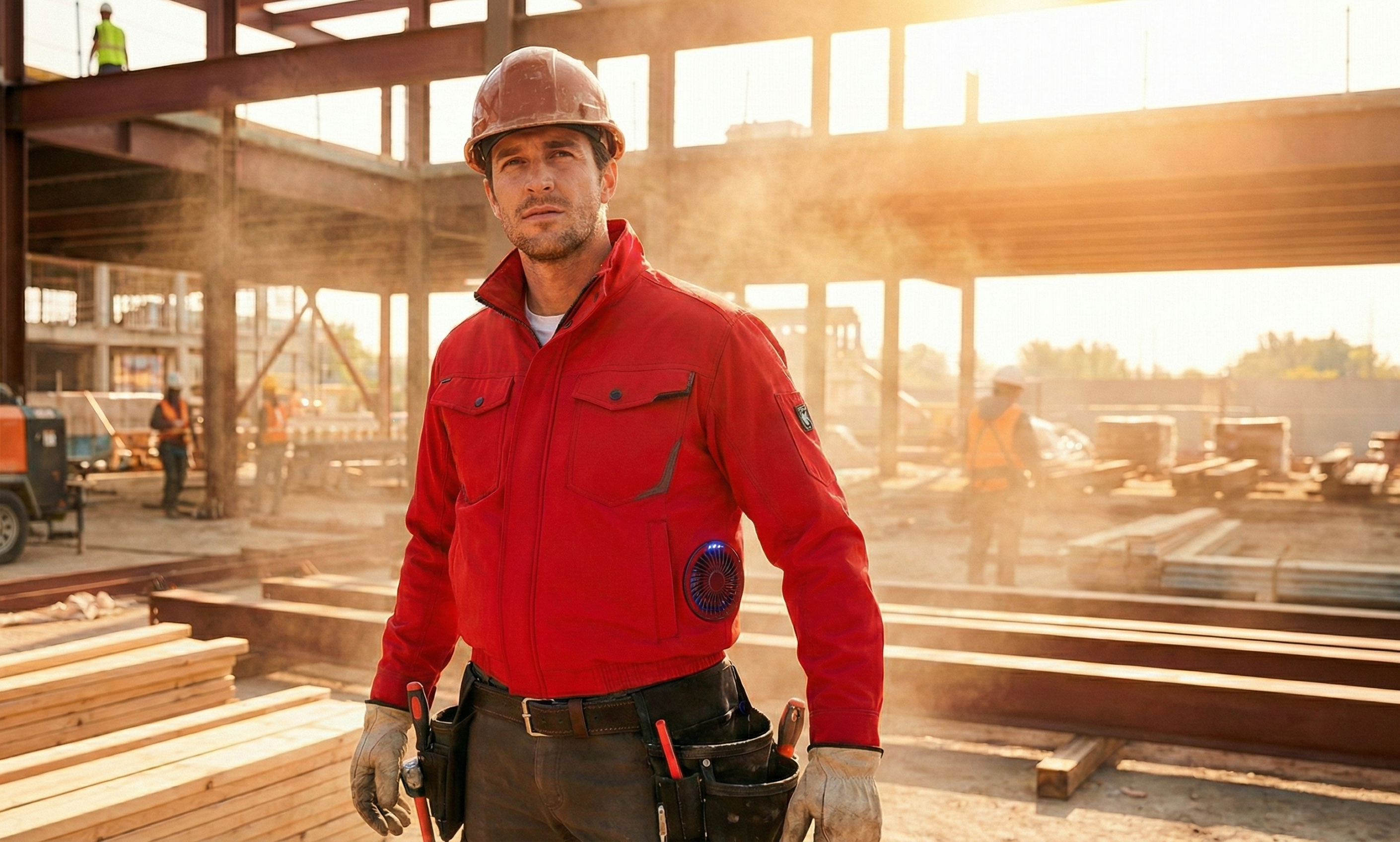 Worker wearing a Lewis America cooling jacket on a job site